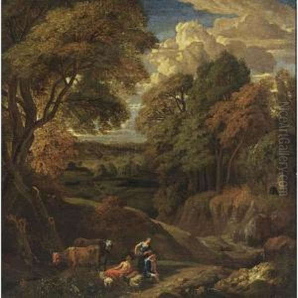 A Classical Wooded Landscape With Shepherds Tending Their Herd In The Foreground - view 1
