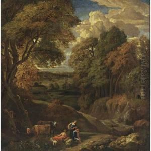 A Classical Wooded Landscape With Shepherds Tending Their Herd In The Foreground by Cornelis Huysmans