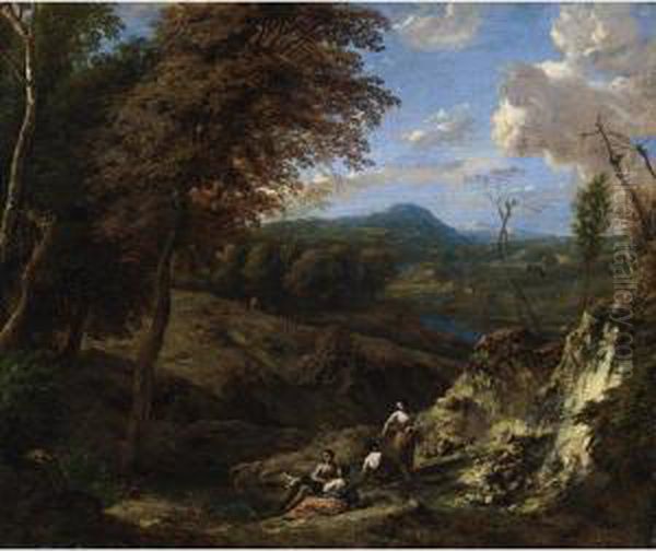 A Wooded Hilly Landscape With Classical Figures Resting Near A Pond - view 1