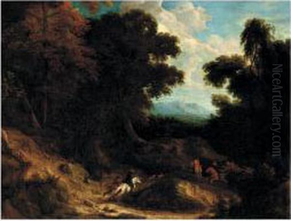 A Stag Hunt In A Wooded Landscape - view 1