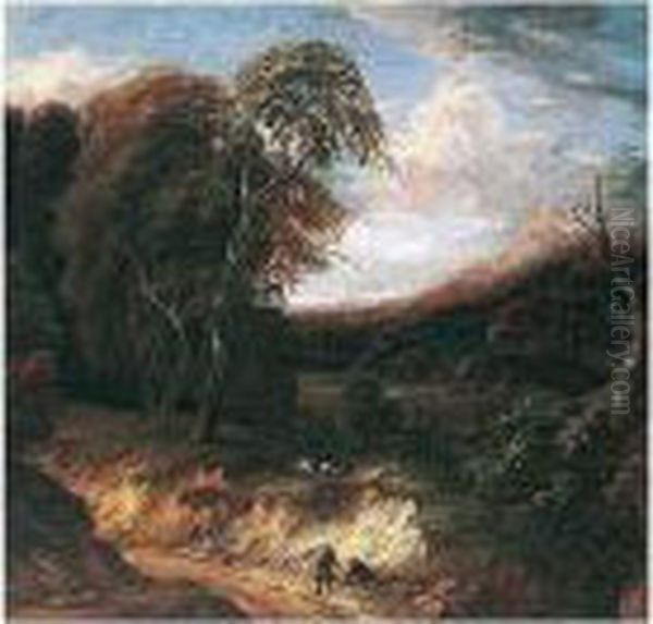A Wooded Landscape With Figures Rested On A Path, Sheep Grazing Beyond - view 1