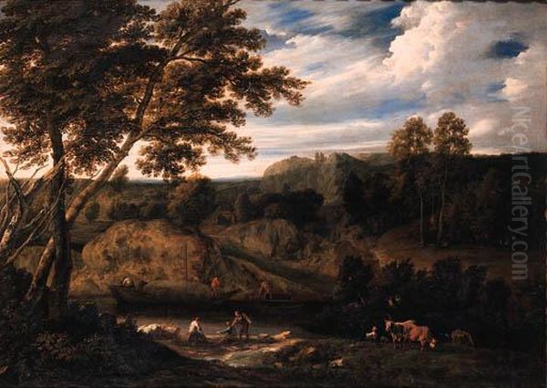 Fishermen On A River Bank With A
Peasant Woman And Cattle In Ameadow, A Haybarge Near A Landing Stage,
In An Italianatelandscape - view 1