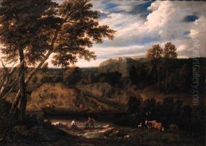 Fishermen On A River Bank With A
 Peasant Woman And Cattle In Ameadow, A Haybarge Near A Landing Stage, 
In An Italianatelandscape