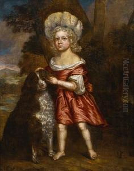 Portrait Of A Young Girl,
Full-length, In Redcostume With A White Chemise, A Dog At Her Feet - view 1