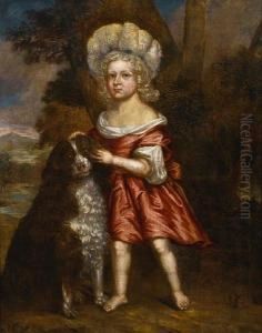 Portrait Of A Young Girl,
Full-length, In Redcostume With A White Chemise, A Dog At Her Feet Portrait Of A Young Girl,
Full-length, In Redcostume With A White Chemise, A Dog At Her Feet