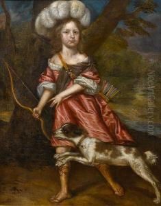 Portrait Of A Young Girl As
Diana,full-length, In A Red Dress With A White Chemise, Holding A
Bow,with A Dog At Her Feet by Jacob Huysmans