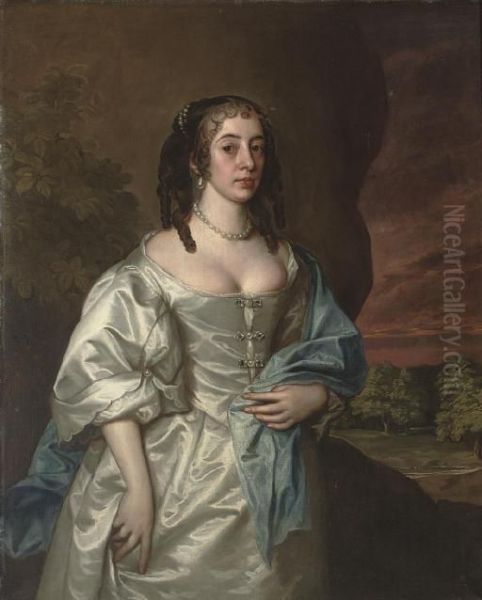 Portrait Of A Lady Of The
Osborne Family, Three-quarter-length, In An Oyster Satin Dress And Blue
Wrap, With Pearl Ornaments, A Landscape Beyond - view 1