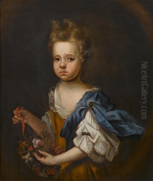 Portrait Of A Young Girl,
Three-quarter-length, In A Yellow Dress And Blue Shawl Holding A Posy Of
Flowers, Within A Painted Oval - view 1