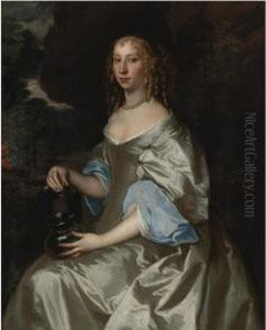 Portrait Of A Lady Wearing A Grey Satin Gown