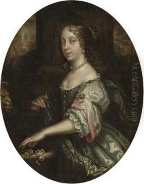 Portrait Of A Lady, 
Three-quarter-length, In An Oyster Satin Dress With Pink Sleeves, Pearl 
Ornaments And A Blue Wrap, Orange Blossom And A Rose In Her Left Hand - view 1
