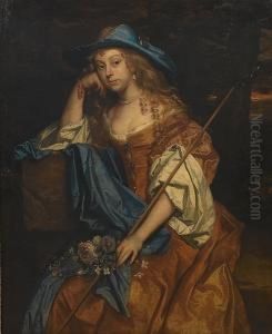 Portrait Of A Lady,
Three-quarter-length, In A Gold Satin Dress With A Blue Wrap And A Blue
Hat, Holding A Shepherd's Crook, Seated In A Landscape Portrait Of A Lady,
Three-quarter-length, In A Gold Satin Dress With A Blue Wrap And A Blue
Hat, Holding A Shepherd's Crook, Seated In A Landscape
