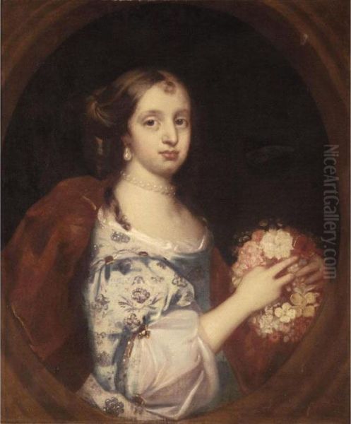 Portrait Of A Young Lady, Half
Length, Wearing A Blue Embroidered Dress And Holding A Posy Of Flowers - view 1