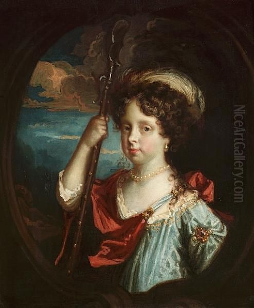 Portrait Of A Young Girl,
Bust-length, In Blue And Red Robes With A Plumed Headdress And Holding A
Shepherd's Crook, In A Painted Cartouche - view 1