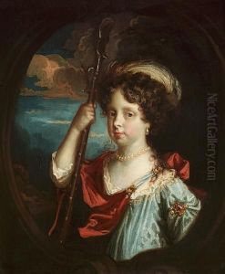 Portrait Of A Young Girl,
Bust-length, In Blue And Red Robes With A Plumed Headdress And Holding A
Shepherd's Crook, In A Painted Cartouche Portrait Of A Young Girl,
Bust-length, In Blue And Red Robes With A Plumed Headdress And Holding A
Shepherd's Crook, In A Painted Cartouche