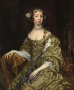 Portrait Of Lady Cotton, Three-quarter Length, Seated, In A Greenand White Satin Dress