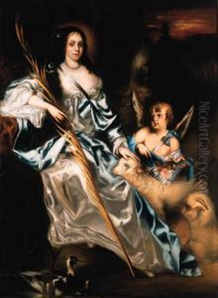 Portrait Of Queen Catherine Of
Braganza As Saint Catherine,full-length, Holding A Palm Frond In Her
Right Hand, Her Left Handresting On A Lamb With A Putto Strewing Flowers - view 1
