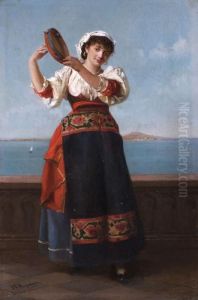 Italienerin In Napolitanischer Tracht Mit Tambourin by Jan Baptist Huysmans