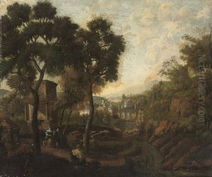 A Wooded Italianate River Landscape With Figures In The Foreground, A Town Beyond by Jan Baptist Huysmans