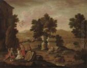 A River Landscape With Classical Ruins And Figures Conversing, Mountains Beyond