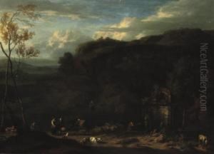 An Italianate Landscape With Peasants And Animals Near A Classical Fountain