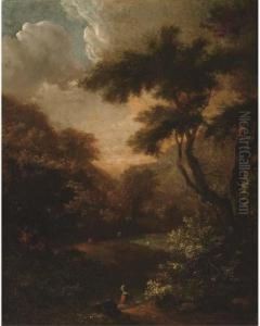 A Wooded Landscape With A Herdsman And A Woman Resting On A Track by Jan Baptist Huysmans