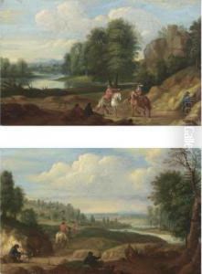 River Landscapes With Cavaliers On A Tracks by Jan Baptist Huysmans