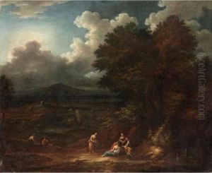 Extensive Classical Landscape With Six Figures In The Foreground, A Hilltop Town Beyond
