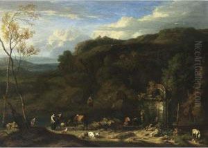 An Italianate Wooded Landscape With Shepherds And Their Herds Near A Nymphaeum