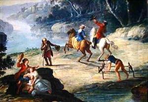 A Hunt with Falcons detail of a rider and a falconer