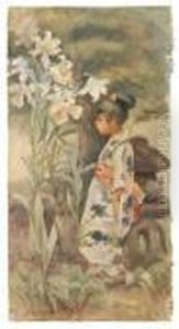 Depicting A Young Girl In A Garden With Lilies by Helen Hyde