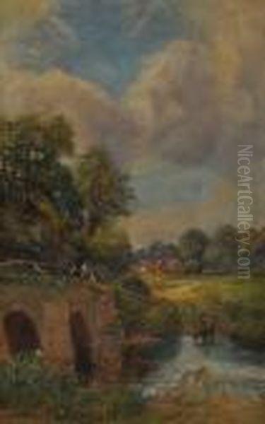 Figures On A Bridge Overlooking A Ford - view 1