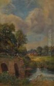 Figures On A Bridge Overlooking A Ford by George Hyde Pownall