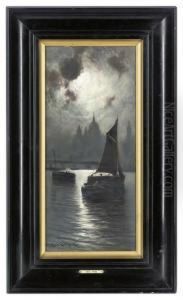 Sail Boats On The Thames In Moonlight, St. Paul's Beyond by George Hyde Pownall