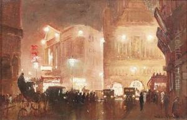Piccadilly Circus By Night. 
River Thames By Night. Haymarket By Night. A Series Of Three Paintings.
 Oil/cardboard, Signed, Verso Label Of The Art Dealer S. Coombes, 175 
Strand, W.c. London - view 1