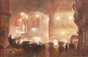 Piccadilly Circus By Night.
River Thames By Night. Haymarket By Night. A Series Of Three Paintings.
Oil/cardboard, Signed, Verso Label Of The Art Dealer S. Coombes, 175
Strand, W.c. London by George Hyde Pownall
