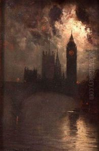 Moonlit Thames View With Big Ben by George Hyde Pownall