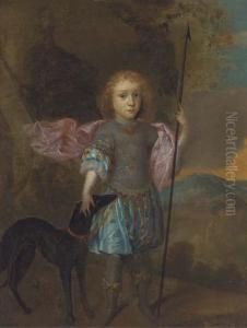 Portrait Of A Boy, Full-length, 
Holding A Spear With A Dog By Hisside, A Landscape Beyond