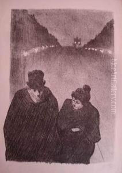 [couple Dans La Nuit, Au Loin Un Fiacre]. Illustration Pour Une
 Melodie. Vers 1900. - view 1