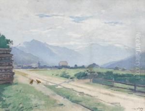 Landliche Wegpartie Mit Huhnern Und Gebirgsansicht. by Jean Daniel Ihly
