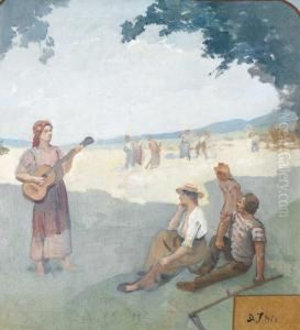 Bauern Auf Dem Feld Mit Musizierender Zigeunerin.