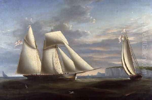A topsail schooner and a schooner of the Royal Yacht Squadron off the coast of Dorset - view 1