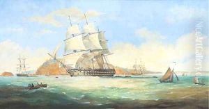 A two-decker running down Plymouth Sound with Mt. Edgcumbe beyond