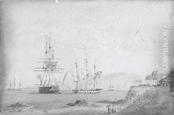 A British frigate getting under way off a Chilean fortress, a British two-decker and a French frigate anchored nearby - view 1