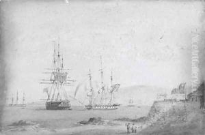 A British frigate getting under way off a Chilean fortress, a British two-decker and a French frigate anchored nearby