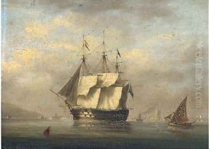A British two-decker arriving at Lisbon and preparing to anchor with the Belem Tower off her stern by Nicholas Condy
