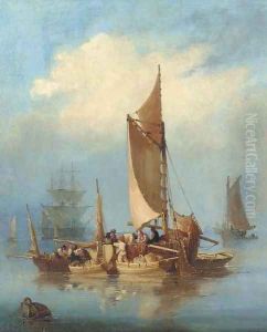 Fishermen gossiping as they work, with a large three-decker beyond