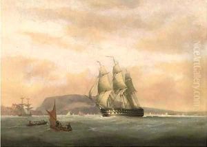 A 74-gun heeling in the breeze in Plymouth Sound