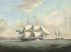 H.M.S. Pique emerging from Plymouth Sound and exchanging signals with an in-bound frigate off her port bow