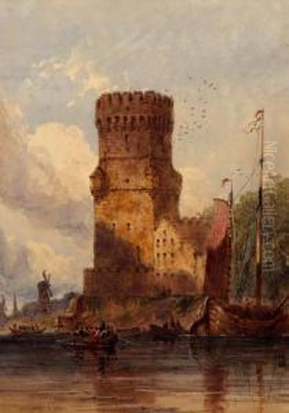 A Fortified Tower By Water's Edge With Soldiers Arriving In Rowing Boats - view 1