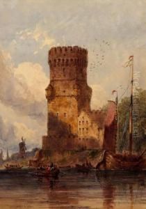 A Fortified Tower By Water's Edge With Soldiers Arriving In Rowing Boats by Joseph Murray Ince